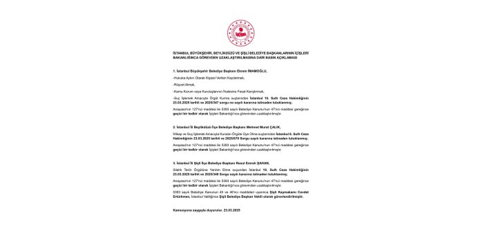 İmamoğlu ve 2 ilçe belediye başkanı görevden uzaklaştırıldı