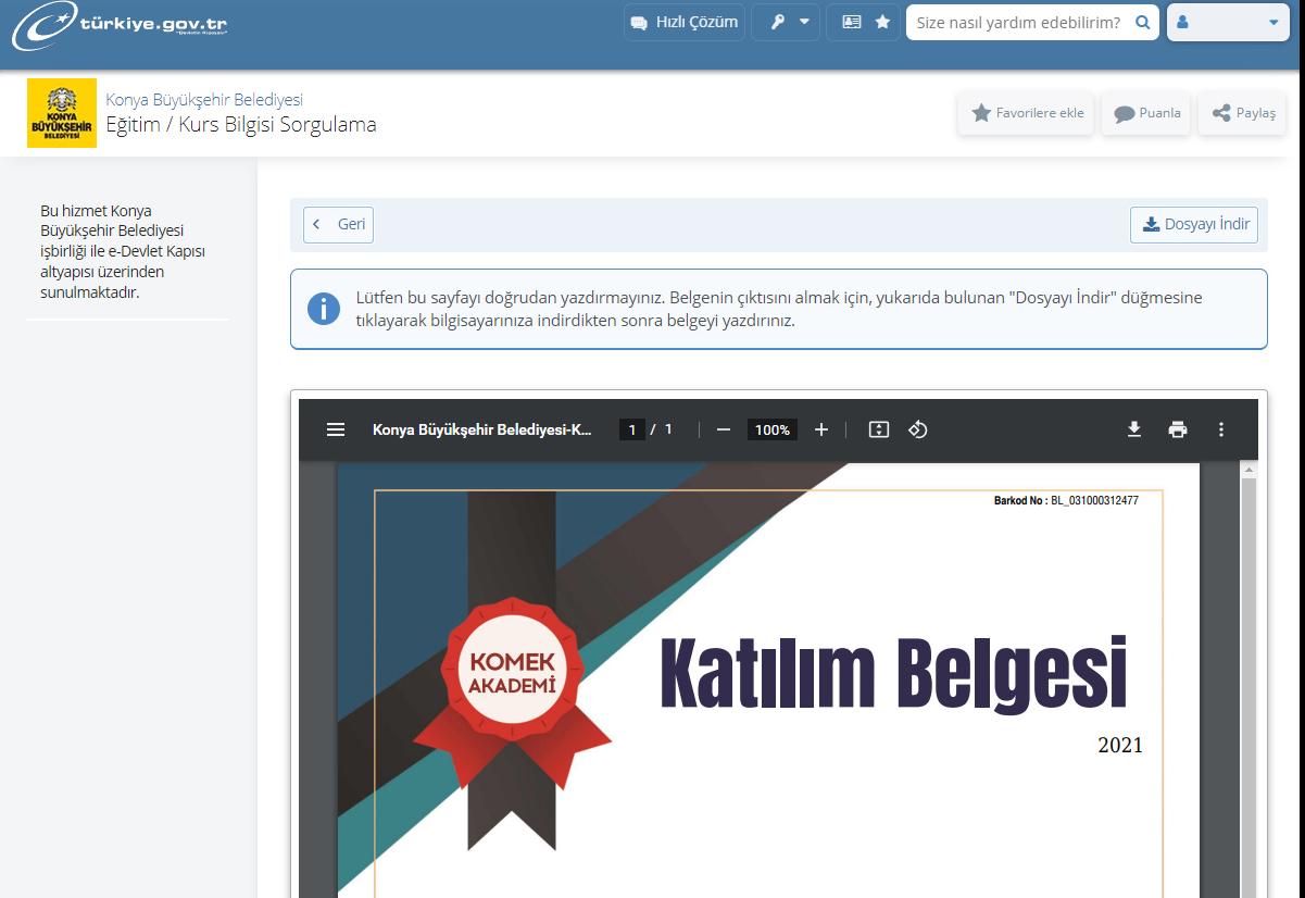 KOMEK katılım belgeleri artık e-Devlet'te