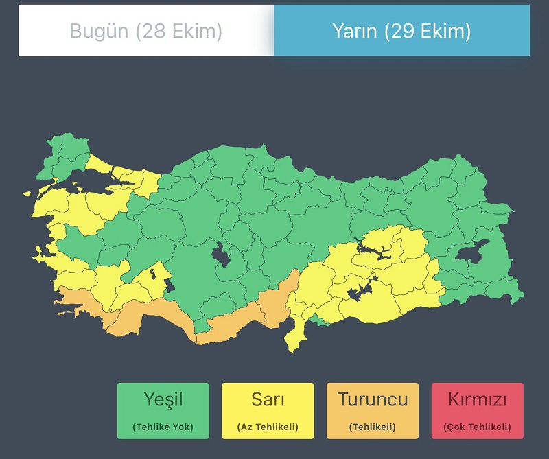 4 il için 'turuncu', 25 il için 'sarı' kodlu uyarı