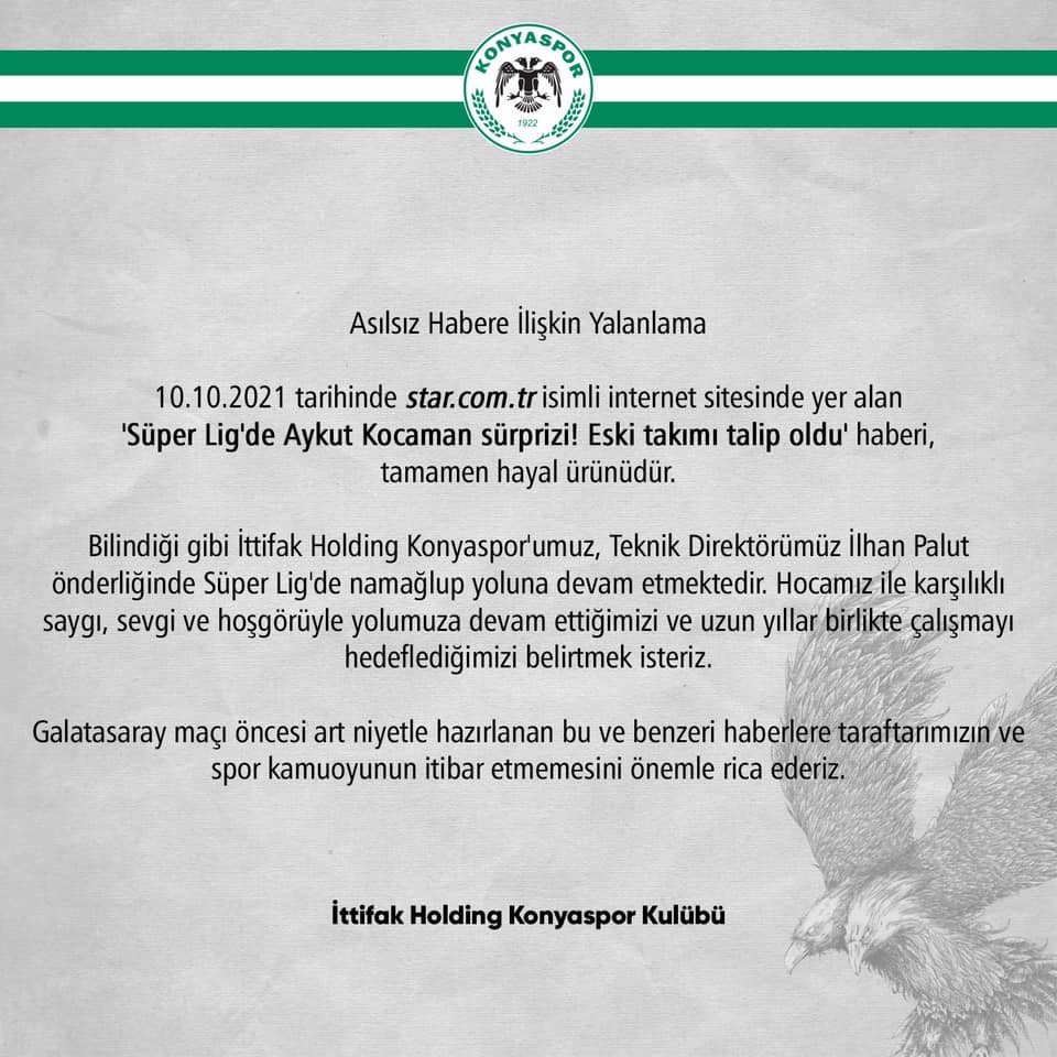 Konyaspor’dan Aykut Kocaman açıklaması